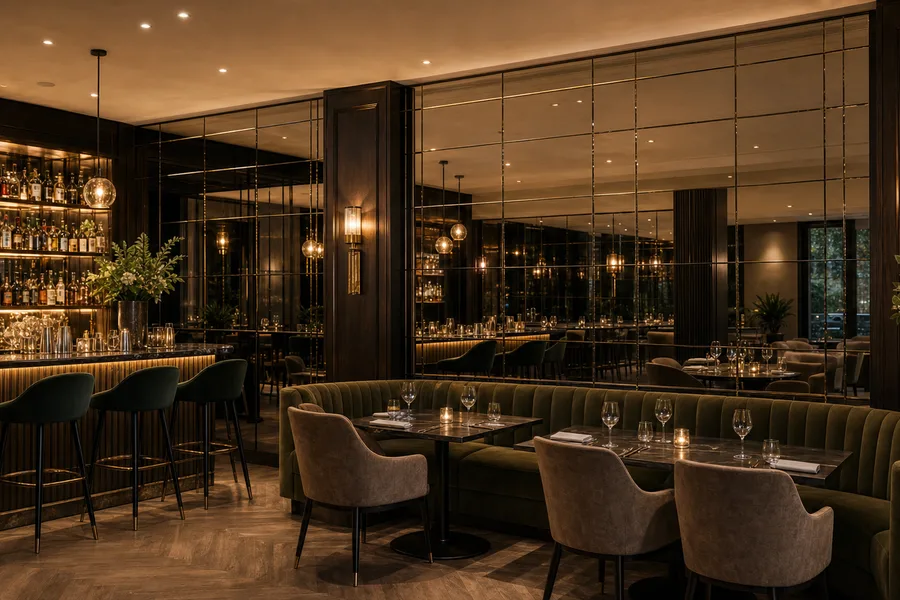Decorative mirrors installed in a hotel bar or restaurant interior