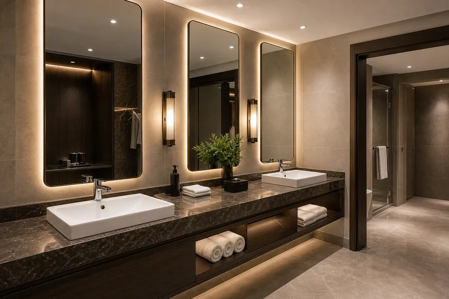 Made-to-measure hotel bathroom mirrors installed above vanity units