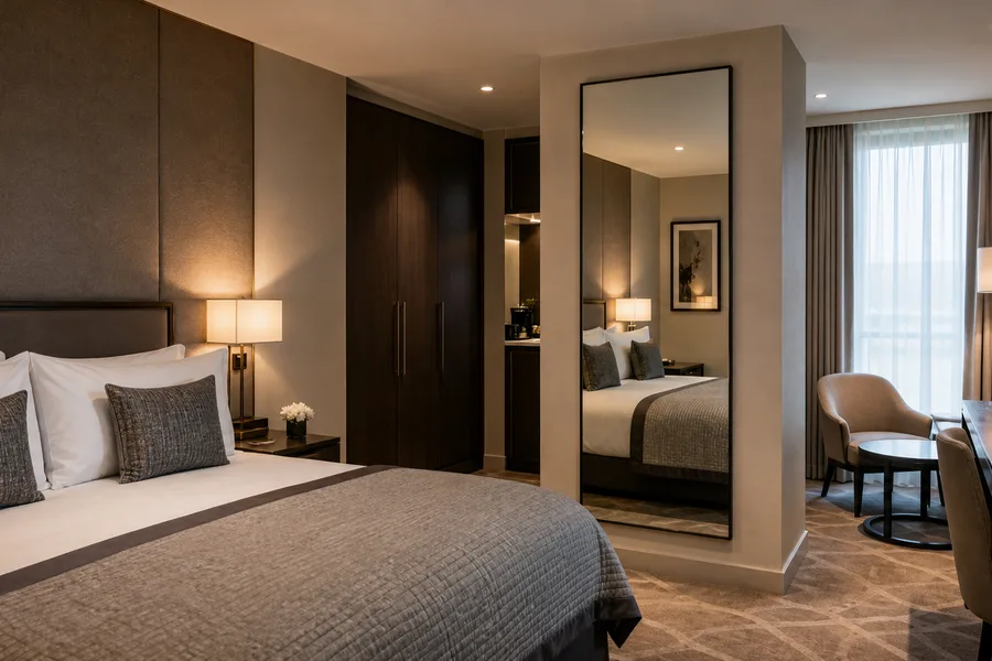 Full-length hotel bedroom dressing mirror fitted in a guest room