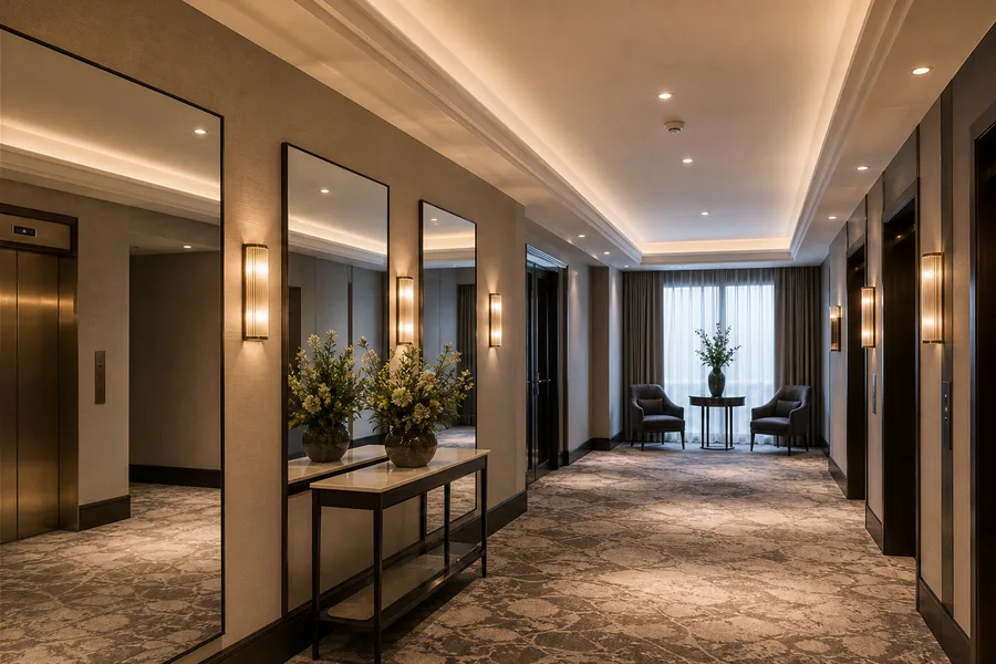 Decorative mirrors installed in a hotel corridor or communal area
