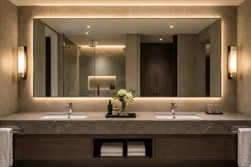 Hotel bathroom mirror fitted above a double vanity unit