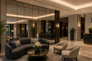 Decorative mirror panels in a hotel lobby