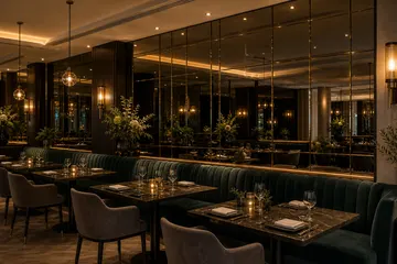 Tinted mirrors in a hotel restaurant interior