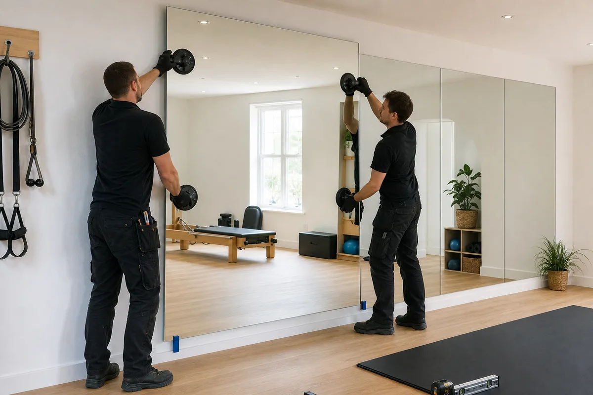 Professional installers fitting a large studio mirror panel