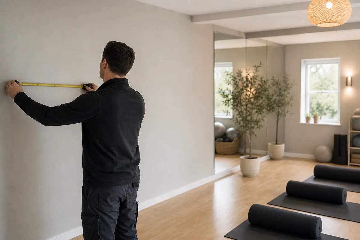 Measuring a studio wall for Pilates and yoga mirror installation