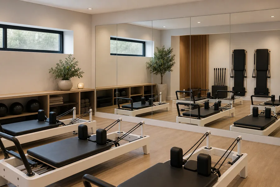 Wall mirrors fitted in a reformer Pilates studio