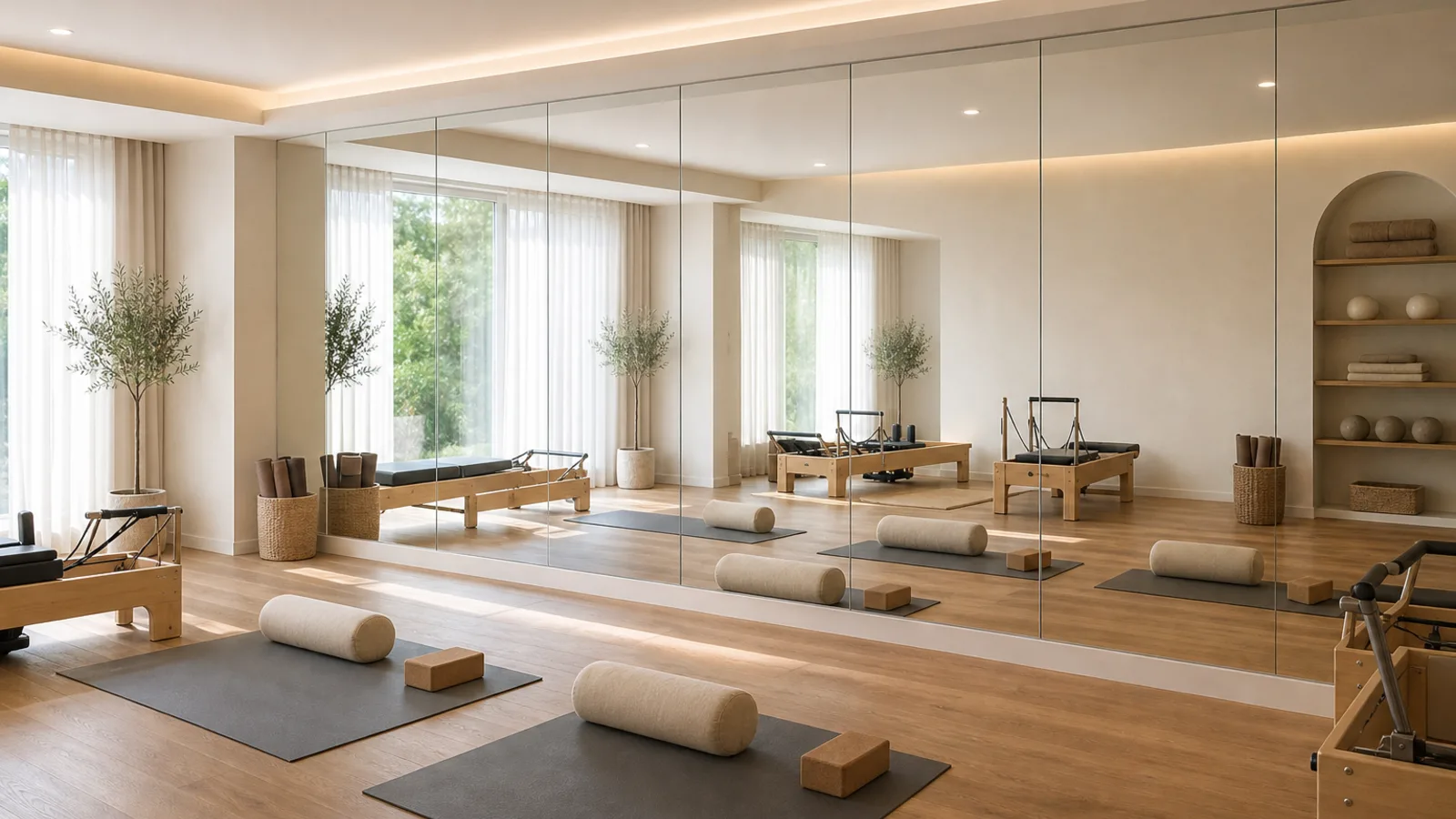 Large wall mirrors installed in a calm Pilates and yoga studio